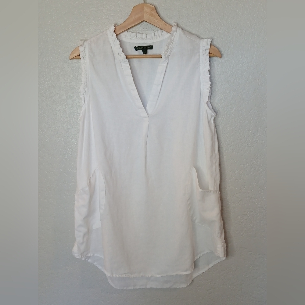 100% Linen White V Neck Ruffled Sleeveless Top With Pockets By For Cynthia